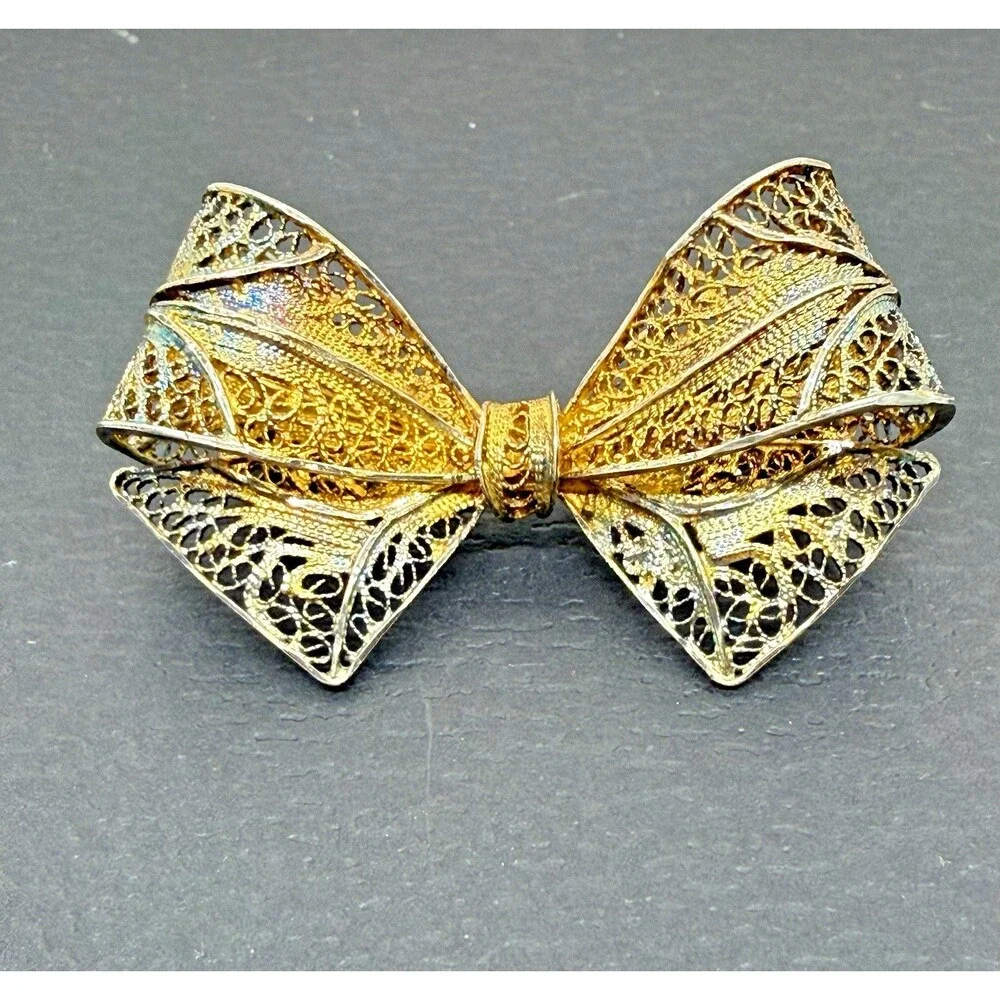 Vintage Sterling Silver Filigree Bow Brooch‎ Gold Wash Gilded Victorian Pin